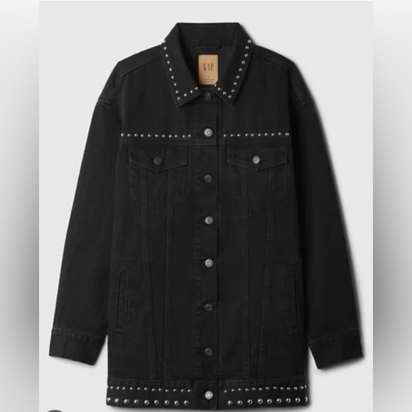 NWT Gap Studded Oversized Icon Denim Jacket Black M Petite - Picture 4 of 9